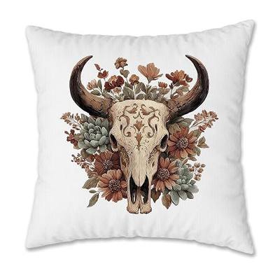 Western Floral Cow Skull Pillow Cover 18x18, Boho Vintage Rustic Southwest Wildflowers Bull Skull Decorative Pillow Cover Pillowcase for Home Bedroom Living Room Couch