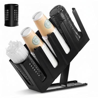 Paper Cup and Lid Holder with Straw Organizer, 4-Compartment Countertop Disposable Coffee Cup Dispenser, Space Saving Coffee Station Organizer for Home Bar,Kitchen,Restaurant,Breakroom,7 Adjusting