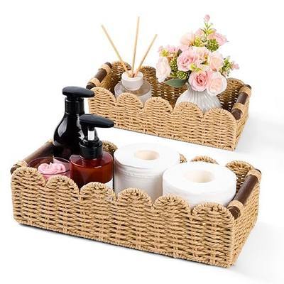 Paper Rope Toilet Paper Storage Small Basket, Set of 2 Scalloped Edge Woven Wicker Baskets with Wooden Handles, Decorative Countertop & Toilet Tank Basket for Bathroom Living Room Home Decor, Beige
