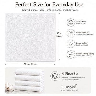 4 Pack 100% Cotton Wash Cloth, Luxurious Soft Washcloths for Showering (13x13 inch) Ultra Absorbent Face Towels Machine Washable Wash Clothes for Bathroom, Gym, and Spa (White)