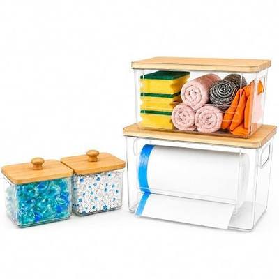 4 PACK Stackable Trash Bag Dispenser Organizer, Multi-Purpose Under Sink Garbage Bag Storage Holder for Kitchen Cabinet Pantry Laundry Room Grocery Plastic Bag Container Organizer