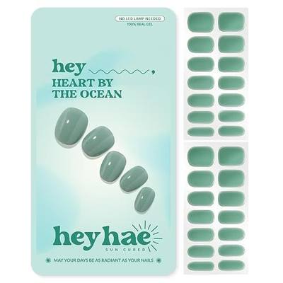 Heyhae Semi Cured Gel Nail Strips | No LED Lamp Needed | Teal, Jelly | Easy Apply & Remove, Salon Quality | Includes 28 Strips, 2 Prep Pads, Nail File & Wooden Stick - Hey, Heart by the Ocean