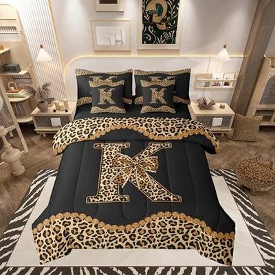Feelyou Cheetah Bow Comforter Set Full Size 7 Pieces Leopard Coquette Bow Bedding Set Personalized Initial K Bed in a Bag with Comforter, Sheets, Pillowcases, Cushion Covers Bedroom Decor