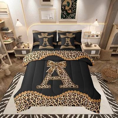 Feelyou Cheetah Bow Twin Comforter Set with Sheets for Kids Boys Girls Leopard Coquette Bow 7 Pieces Bedding Set Personalized Initial A Bed in a Bag Room Decor Soft Lightweight Microfiber