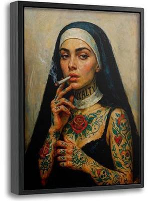 Framed Tattooed Nun Canvas Wall Art, Gothic Smoking Nun Painting Picture Wall Decor, Edgy Religious Poster Print Artwork for Bedroom Office Home Decoration 8x10in
