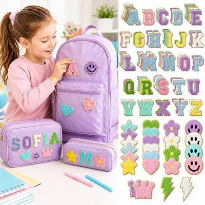 107 PCS Chenille Letter Patches for DIY, Self-Adhesive & Iron-On Patches with 83 A-Z Letters and 24 Icon Patches, Preppy Embroidered Patches for Backpacks, Lunch Bags, Clothes, Back to School Gifts