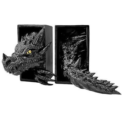 Dragon Bookends Gothic Fantasy Bookshelf Decor Unique Animal Statues for Book Shelves Lovers Black Whimsical Gifts Shelf Holder Set Resin Sculpture Home Office Decorative