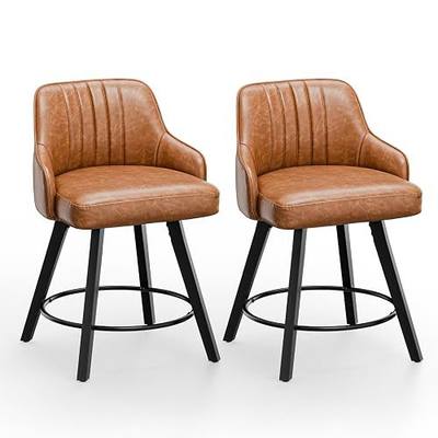 VINGLI 24" H Swivel Barstools Counter Height Bar Stool Set of 2, Brown | Faux Leather Upholstered, Modern Counter Stool with Back, Kitchen High Chairs, Solid Wood Legs, Easy to install