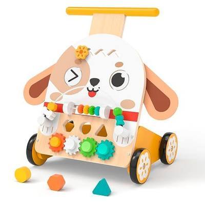 Wooden Baby Walker, 6-in-1 Push Walker for Toddlers | 6-in-1 Puppy Activity Walker with Shape Sorter, Bead Maze, Gears and Rubber Wheels for Toddlers 12-36 Months