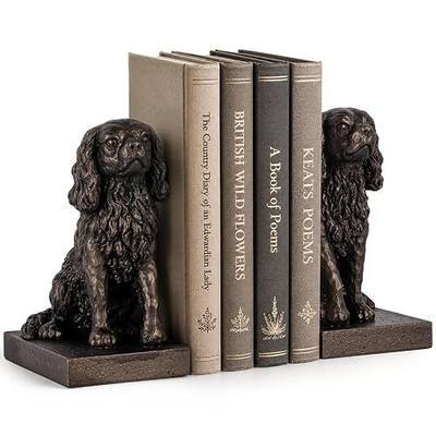 Cavalier King Charles Spaniel Bookends, Resin Dog Book Ends Decorative, Heavy Duty Non-Slip Book Holders for Shelves, Vintage Animal Bookends for Home Office Decor (Black Brown)