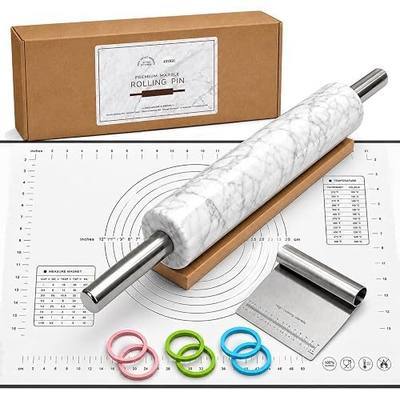 Premium White Marble Rolling Pin Set with Natural Veins, Stainless Steel Handles, Wooden Stand, Pastry Mat, Dough Cutter & 3 Thickness Rings – Baking Gift Set