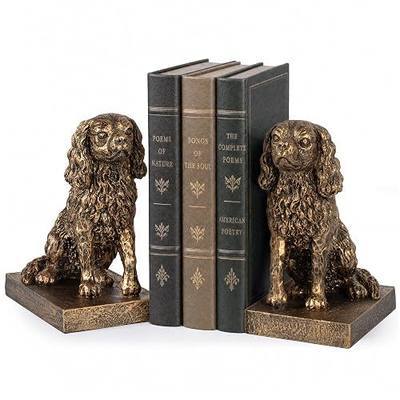 Cavalier King Charles Spaniel Bookends, Resin Dog Book Ends Decorative, Heavy Duty Non-Slip Book Holders for Shelves, Vintage Animal Bookends for Home Office Decor (Gold)