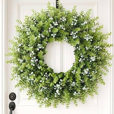 28'' Large Artificial Eucalyptus Wreath with Baby's Breath for Front Door-Faux Eucalyptus and with Baby's Breath Flowers Porch Wreaths-for Home Farmhouse Wall Decor Spring Summer Fall All Seasons
