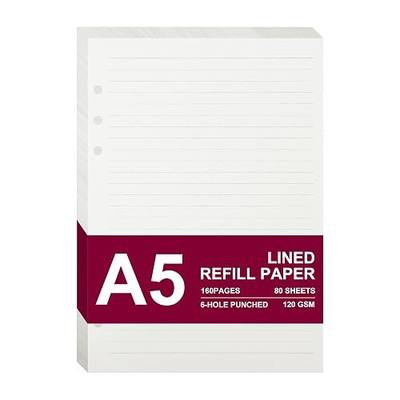 A5 Refill Paper, 80 Sheets 6 Ring Binder Lined Journal Inserts | Thick 120gsm Eye-Friendly Writing Paper, Double-Sided Ruled Layout, 160 Total Pages, For Study Notes, Office & Journaling
