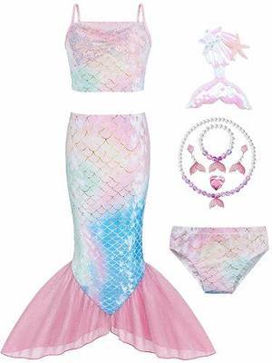 Girls Mermaid Costume 9 Piece Dress Up Set, Open Bottom Skirt with Jewelry | Open-bottom skirt keeps both feet separate for easy walking, for birthdays, Halloween, photos, parties and pretend play.
