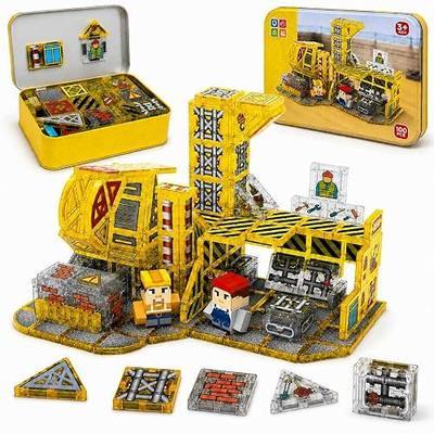 Mini Magnetic Tiles, Engineering Magnetic Blocks Travel Set for Kids 100PC | Magnetic Tiles with Storage Box, Engineering Theme Toys for Boy 3+, STEM Portable Travel Toy for Airplane Plane Car Road Trip