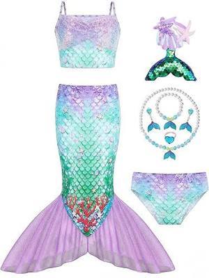 Girls Mermaid Costume 9 Piece Dress Up Set, Open Bottom Skirt with Jewelry | Open-bottom skirt keeps both feet separate for easy walking, for birthdays, Halloween, photos, parties and pretend play.