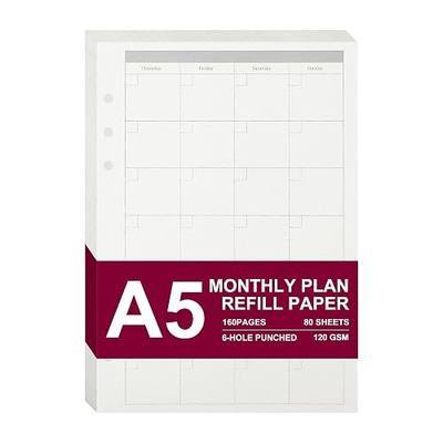 A5 Refill Paper, 80 Sheets 6 Ring Binder Monthly Planner Inserts | Thick 120gsm Eye-Friendly Paper, Double-Sided Undated Calendar, 160 Pages Total, For Monthly Goals, Appointments & Planning