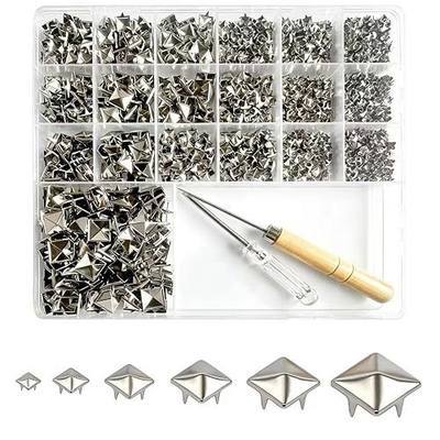 Rckcu 1300 Pcs Square Pyramid Studs Kit, 6 Sizes Metal Rivets (Silvery) | with 2 Awl Tools and Storage Box, Four-Prong Studs for Leather, Jackets, Shoes, Bags, Pet Collars DIY Decoration