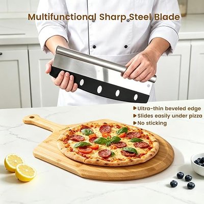 4Pk Pizza Peel (12"x 17") -100% Bamboo Wooden Pizza Peel, Complete Pizza Oven Accessories with Rocker Cutter, Oven Mitts, Silicone Baking Mat for Family Oven Baking