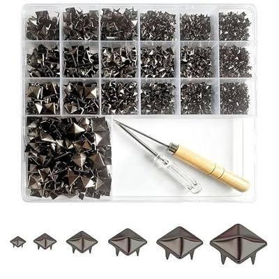 Rckcu 1300 Pcs Square Pyramid Studs Kit, 6 Sizes Metal Rivets (Gun Black) | with 2 Awl Tools and Storage Box, Four-Prong Studs for Leather, Jackets, Shoes, Bags, Pet Collars DIY Decoration