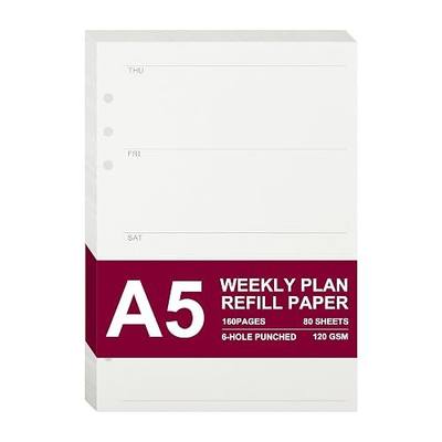 A5 Refill Paper, 80 Sheets 6 Ring Binder Weekly Planner Inserts | Thick 120gsm Eye-Friendly Paper, Double-Sided Undated Schedule, 160 Pages Total, For Weekly Time Blocking, Task Planning