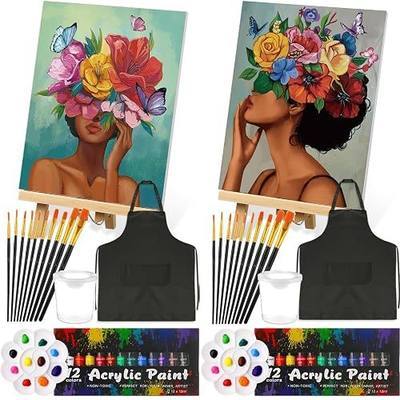 Cholemy 2 Set Sip and Paint Kit for Adults Couples Painting Kit 8'' x 10'' Pre Drawn Canvas Colorful Sky for Painting DIY Pre Printed Canvas for Party Favor Date Night Party Supplies(Flower Lady)