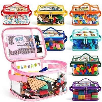 8 Packs Large Toy Storage Bags with Name Tag& Manual Pocket, Reusable Clear PVC Toy Organizer Case with 3 Handles for Lego Bricks, Board Game, Building Blocks, Puzzle, Magnetic Tiles Colorful