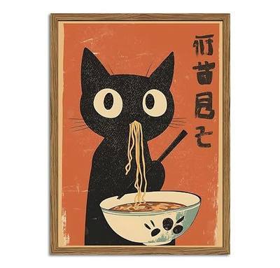 Funny Japanese Cat Wall Art, Cute Black Cat in Kitchen Eating Ramen Wall Decor Painting Whimsical Japandi Animal Dining Room Poster Canvas Prints Picture 12x16 inch Wood Framed