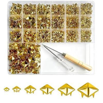 Rckcu 1300 Pcs Square Pyramid Studs Kit, 6 Sizes Metal Rivets (Gold) | with 2 Awl Tools and Storage Box, Four-Prong Studs for Leather, Jackets, Shoes, Bags, Pet Collars DIY Decoration