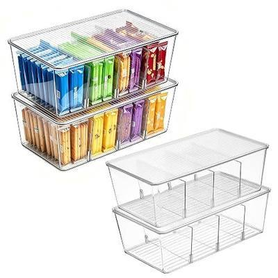 Vtopmart 4 Pack Pantry Organizer Bins with Lids, Removable Dividers | Clear Bins with Removable Dividers; Stackable Design for Pantry and Cabinet Organization of Tea Bags, Snacks & Spice Packets