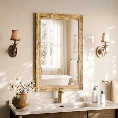 Rectangular Wall Mirror 36" x 24", Solid Wood Frame Bathroom Mirror, Brown | Farmhouse Vintage Style Vanity Mirror, Vertical or Horizontal Hanging for Bathroom Living Room Entryway