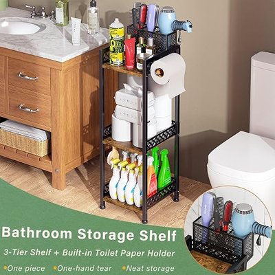 3-Tier Bathroom Organizer and Storage Shelf with Toilet Paper Holder, Freestanding 9.85" Narrow Toilet Storage Rack for Small Bathroom, with 3-Compartment Basket & Hooks, Rustic Farmhouse