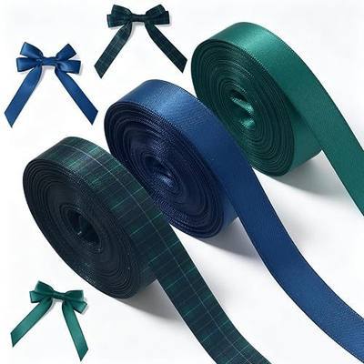 Whaline Tartan Plaid Ribbon 30 Yard Double-Sided Vintage Blue Green Wrapping Ribbon Woven Ribbed Craft Ribbons for Christmas Birthday Baby Shower Wreath Bow DIY Crafts, 5/8", 3 Rolls