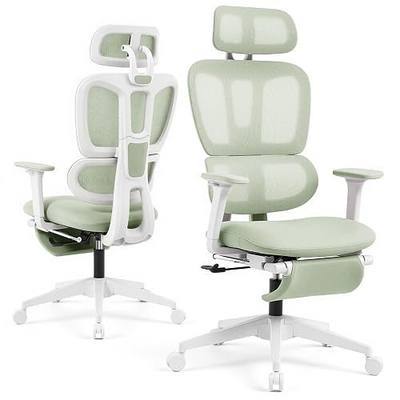 Ergonomic Office Chair with Footrest and Dynamic Lumbar Support, Green | Reclining high-back computer chair, memory foam seat, 2D armrests, 2D headrest, mesh desk chair for home office, long hours
