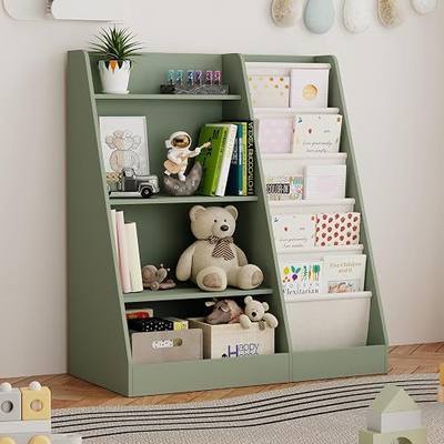 2-IN-1 Kids Bookshelf and Toy Storage Organizer, 4-Tier Solid Wood Cabinet with Sling Book Storage for Toddler and Baby, Montessori Book Shelf for kids Room, Nursey, Playroom and Classroom, Green