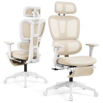 Ergonomic Office Chair with Footrest and Dynamic Lumbar Support, Cream | Reclining high-back computer chair, memory foam seat, 2D armrests, 2D headrest, mesh desk chair for home office, long hours
