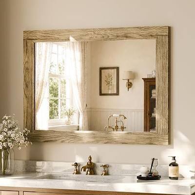 Rectangular Wall Mirror 30" x 40", Solid Wood Frame Bathroom Mirror, Brown | Farmhouse Vintage Style Vanity Mirror, Vertical or Horizontal Hanging for Bathroom Living Room Entryway