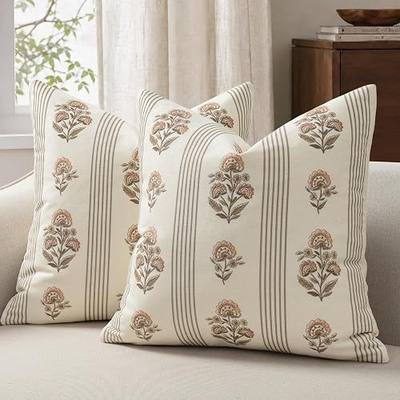 Vintage Throw Pillow Covers 20x20 Set of 2, Striped Floral Fall Pillow Cover Botanical Patterned Decorative Cushion Covers Modern Farmhouse Fall Decor for Sofa Couch Bed Living Room