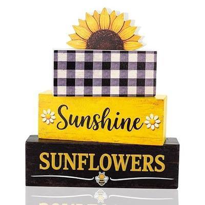 4 PCS Sunflower Decorations- Summer Bee Tiered Tray Decor ,Sunflowers Home Wooden Sign Set, Summer Table Centerpiece Decor for Coffee Table, Fireplace Mantel, Shelf Decor