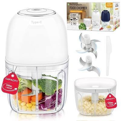 Electric Garlic Chopper,2 Bowls(1Cup&1.5Cup) for Garlic,Meat(White) | Cordless Mini Food Processor【Up-Durable Motor】【2 Sets Stainless Steel Blade】Grind for Garlic,Onion,Meat,Baby Food,BPA FREE
