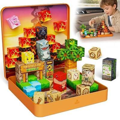 Dinosaur Magnetic Blocks Travel: 49PCS Prehistoric Cubes Toy Set | 4 Story Missions & Explorer Figure for 45+ Min Quiet Focus Game 350g Tin Travel Toy for Car Airplane Activities Kids Ages 3-8