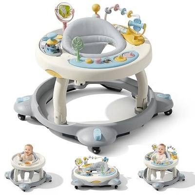 Baby Walker with Wheels, Foldable Baby Walker for Baby 6-12 Months, 3-Position Rotating Seat with Interactive Activity Center, Music Buttons, Baby Walkers for Boys Girls(Grey)