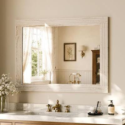 Rectangular Wall Mirror 30" x 40", Solid Wood Frame Bathroom Mirror, White | Farmhouse Vintage Style Vanity Mirror, Vertical or Horizontal Hanging for Bathroom Living Room Entryway