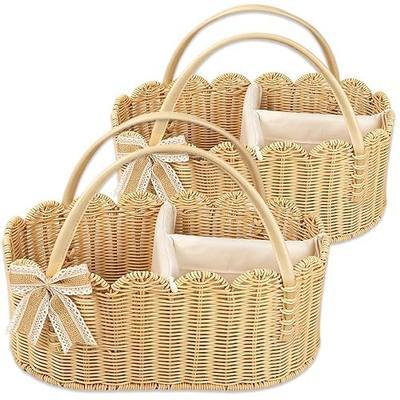2pcs Rattella Premium Scalloped Rattan Baby Diaper Caddy Organizer 16.14*10*7.2/13.9*8*6in Handwoven Wicker Nursery Storage Basket with Removable Divider & Gift Bow - Boho Baby Registry (Khaki 2)
