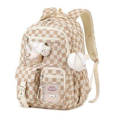 Girls Backpack for School, Cute Corduroy School Backpack for Girls, Kawaii Ita Bookbag, Lightweight Kids Backpacks for Elementary Middle School Teen Girl Travel Daypack, Brown Checkerboard