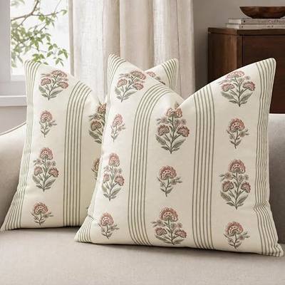 Vintage Throw Pillow Covers 20x20 Set of 2, Striped Floral Pillow Cover Botanical Patterned Decorative Cushion Covers Modern Farmhouse Home Decor for Sofa Couch Bed Living Room, Blush Sage