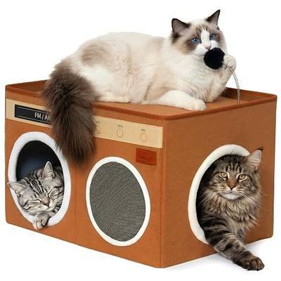 Retro Radio Cat House, Large Foldable Cat Bed Indoor Cat Cave | Spacious Multi-Cat Sleeping Hideaway Pet Nest, Non-Sticky Fur Fabric, Scratch Pad & Bendable Antenna Ball 13×19.7×15.8 Inches