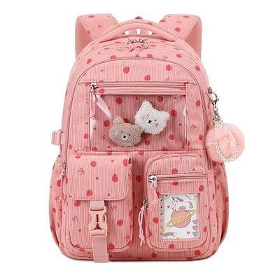 Girls Backpack for School, Cute Corduroy School Backpack for Girls, Kawaii Ita Bookbag, Lightweight Kids Backpacks for Elementary Middle School Teen Girl Travel Daypack, Pink Strawberry