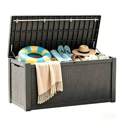 328 Gallon Waterproof Outdoor Storage Box, Heavy Duty Resin Deck Box Lockable, Large Outside Patio Storage Bench for Garden Tools & Pool Accessories,Hydraulic Lift, All-Season UV-Resistant, Gray Brown